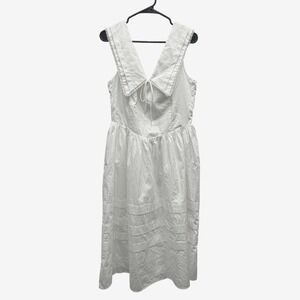 Aureum White Cotton Sailor Collar Midi Dress Cottagecore Lace Size L